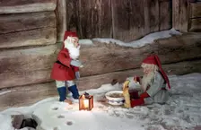 Christmas brownies getting their christmas porridge, 1960s. Creator: Göran Algård