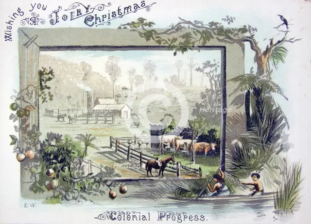 Christmas card, 'Colonial Progress', c1900s. Creator: Charles Henry Kennett Watkins.