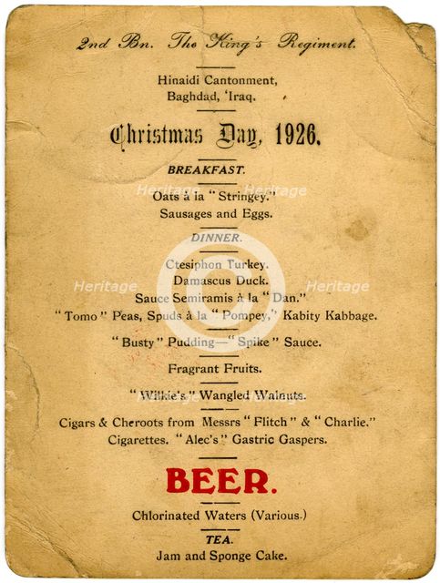 Christmas Day menu, 2nd Battalion the King's Regiment, Iraq, 1926. Artist: Unknown