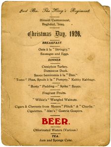 Christmas Day menu, 2nd Battalion the King's Regiment, Iraq, 1926