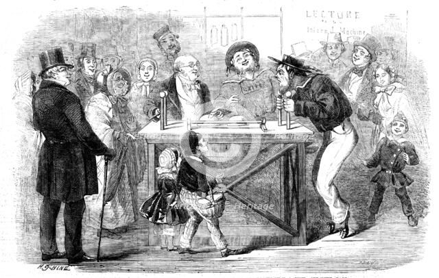 Christmas Holidays at the Polytechnic: the Electric Machine - drawn by H. G. Hine, 1858. Creator: Mason Jackson.