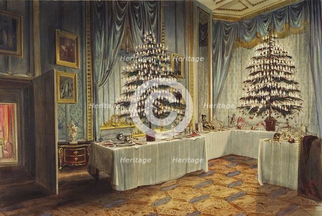 Christmas trees of the Duchess of Kent and the royal children at Windsor Castle, 1850. Artist: Roberts, James (1824-1867)