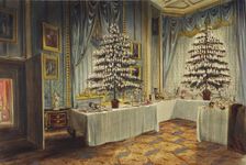 Christmas trees of the Duchess of Kent and the royal children at Windsor Castle, 1850. Artist: Roberts, James (1824-1867)