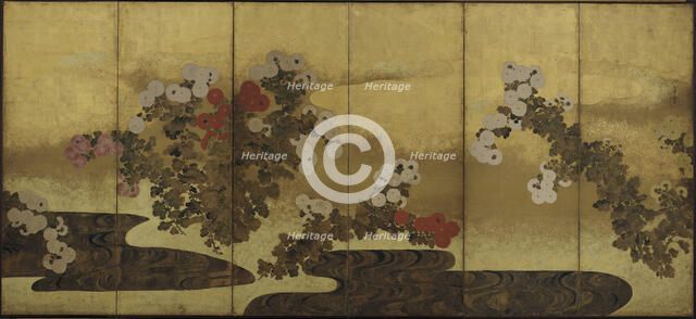 Chrysanthemums beside a stream, Edo period, 19th century. Creator: Unknown.