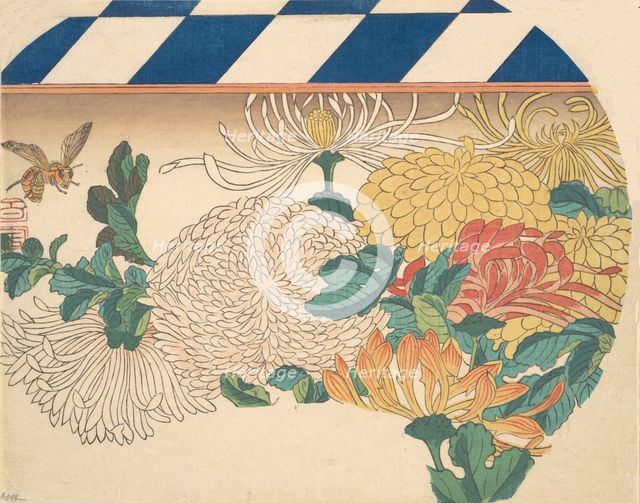 Chrysanthemums in Fan-shaped Design, 1840s., 1840s. Creator: Ando Hiroshige.