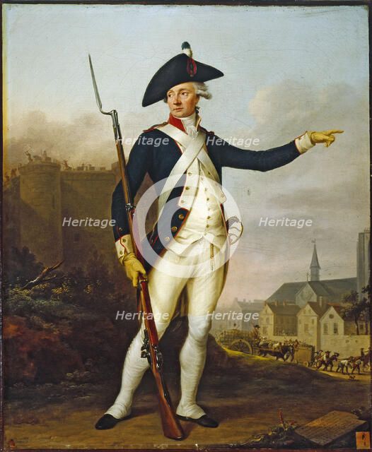 Citizen Nau-Deville, in National Guard uniform, transporting a convoy of weapons and ammun..., 1790. Creator: Jean Francois Marie Bellier.