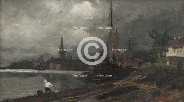 City view with harbor. Study. Creator: Edvard Perseus.