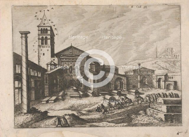 City with a Column and a Church, from the series Roman Ruins and Buildings, 1562. Creators: Johannes van Doetecum I, Lucas van Doetecum.