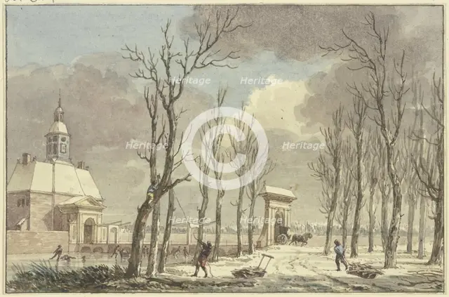 City gate with turrets in winter, a long bridge leads across the canal to an avenue, 18th century. Creator: Hermanus Numan.