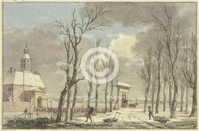 City gate with turrets in winter, a long bridge leads across the canal to an avenue, 18th century. Creator: Hermanus Numan.