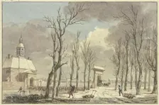 City gate with turrets in winter, a long bridge leads across the canal to an avenue, 18th century. Creator: Hermanus Numan