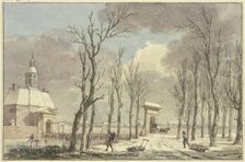 City gate with turrets in winter, a long bridge leads across the canal to an avenue, 18th century. Creator: Hermanus Numan