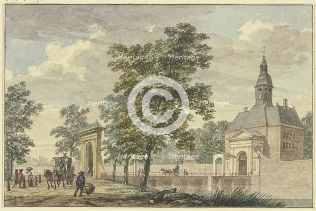 City gate with turrets in summer, a long bridge leads across the canal to an avenue..., 18th century Creator: Hermanus Numan.