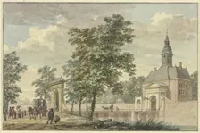 City gate with turrets in summer, a long bridge leads across the canal to an avenue..., 18th century Creator: Hermanus Numan