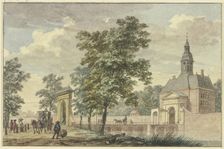 City gate with turrets in summer, a long bridge leads across the canal to an avenue..., 18th century Creator: Hermanus Numan