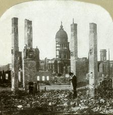 City Hall - Photographer in foreground - Tall brick chimneys left standing . Creator: Unknown