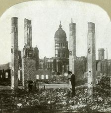 City Hall - Photographer in foreground - Tall brick chimneys left standing . Creator: Unknown