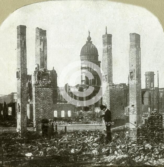 'City Hall - Photographer in foreground - Tall brick chimneys left standing', . Creator: Unknown.