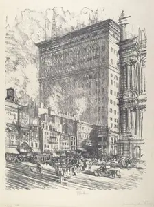 City Hall Square and Wanamaker Building, 1912. Creator: Joseph Pennell