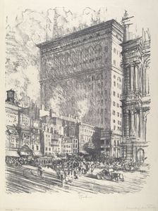 City Hall Square and Wanamaker Building, 1912. Creator: Joseph Pennell