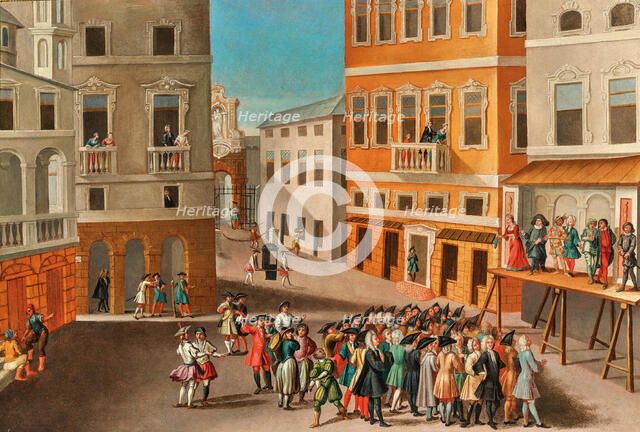 City landscape with actors from the Commedia dell'arte, 18th century. Creator: Unknown artist.