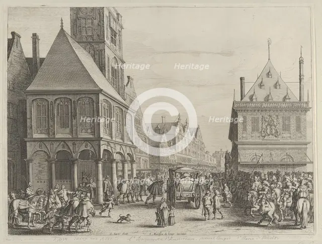 City magistrates taking leave of Marie de Medici before the town hall, from Caspar Barlaeu..., 1638. Creator: Salomon Savery.