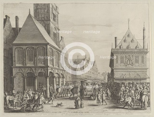 City magistrates taking leave of Marie de Medici before the town hall, from Caspar Barlaeu..., 1638. Creator: Salomon Savery.