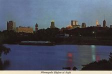 City skyline at night, Minneapolis, Minnesota, USA, 1970