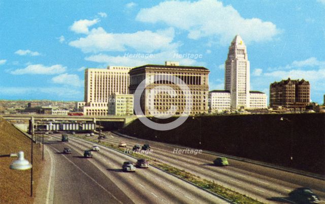 Civic Center From Hollywood Freeway, Los Angeles, California, USA, 1953. Artist: Unknown