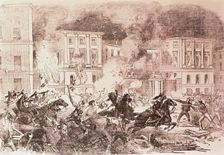 Civil disturbances in Madrid, the insurgents try to burn the palace of Queen Maria Cristina, 1854