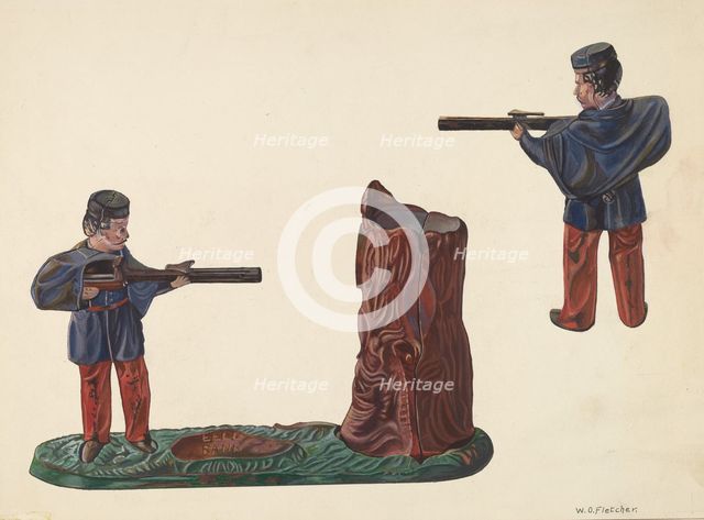 Civil War Soldier & Tree Trunk Bank, c. 1937. Creator: William O. Fletcher.