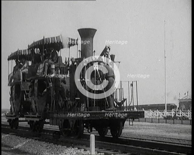 Civilians Wearing Period Costumes Travelling On an Old Locomotive, 1920s. Creator: British Pathe Ltd.
