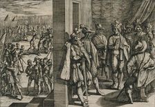 Civilis, Tutor, Classicus, ende andere Triersche comen t'samen secretelyck in een borghers huys bin Artist: Antonio Tempesta