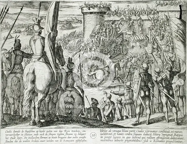 Civilis Using Movable Wooden Bridges to Attack a Fortress, Publshed 1612. Creator: Antonio Tempesta.