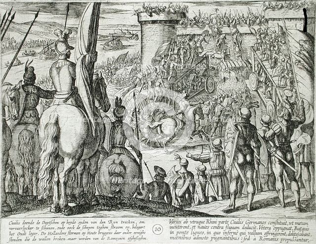 Civilis Using Movable Wooden Bridges to Attack a Fortress, Publshed 1612. Creator: Antonio Tempesta.