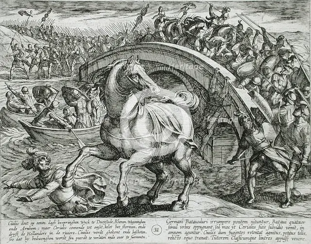 Civilis Forced to Dismount and Swim Across the River, Publshed 1612. Creator: Antonio Tempesta.
