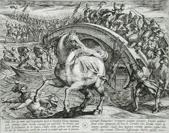 Civilis Forced to Dismount and Swim Across the River, Publshed 1612. Creator: Antonio Tempesta.