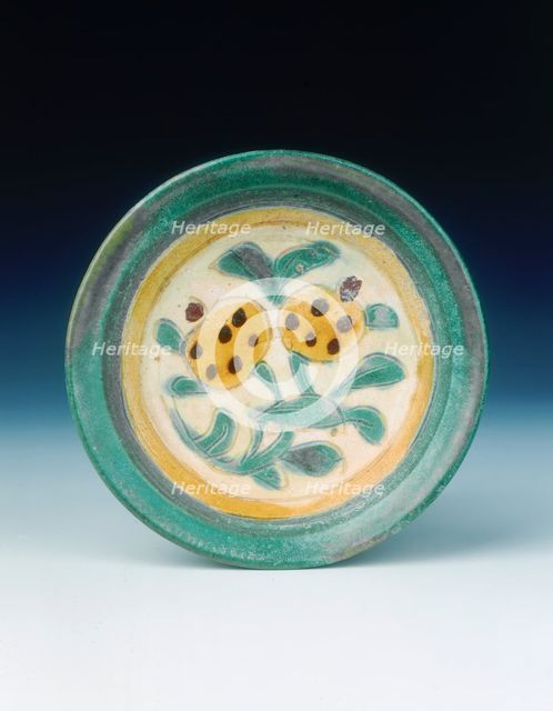 Cizhou-type saucer with pomegranate spray in polychrome glazes, Jin dynasty, China, 1115-1234. Creator: Unknown.