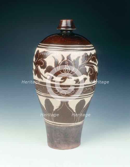 Cizhou-type sgraffito carved brown glazed meiping vase, Jin dynasty, China, late 12th-13th century. Artist: Unknown