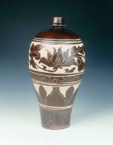 Cizhou-type sgraffito carved brown glazed meiping vase, Jin dynasty, China, late 12th-13th century. Creator: Unknown