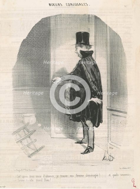 Ciel! aprés trois mois d'absence, je trouve ma femme déménagée!, 1842. Creator: Honore Daumier.