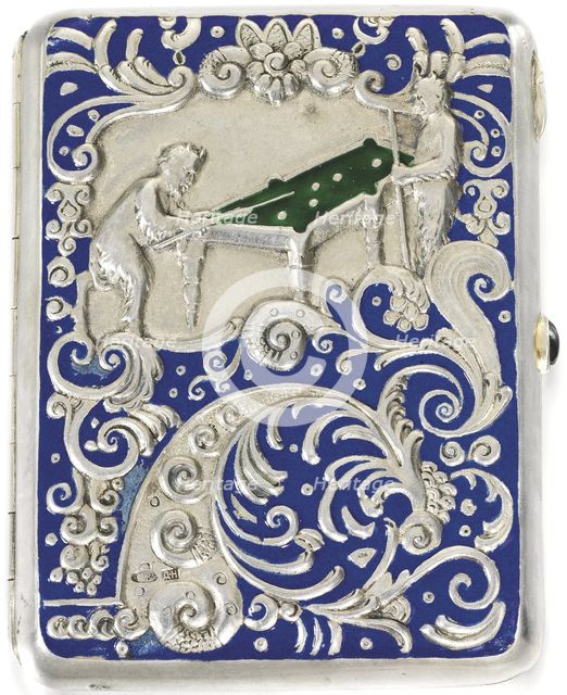 Cigarette case with two satyrs playing Russian billiard, 1884. Artist: Russian master  