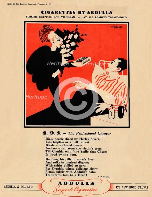 'Cigarettes by Abdulla - S.O.S. - The Professional Cheerer', 1939. Artist: Unknown.