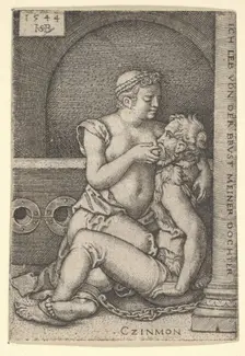 Cimon seated against a column at right, suckling from Pero who is kneeling next to him, 1544. Creator: Sebald Beham