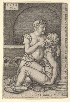 Cimon seated against a column at right, suckling from Pero who is kneeling next to him, 1544. Creator: Sebald Beham