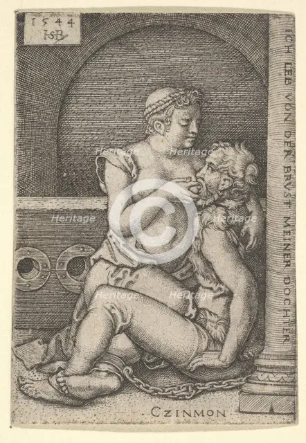Cimon seated against a column at right, suckling from Pero who is kneeling next to him, 1544. Creator: Sebald Beham.
