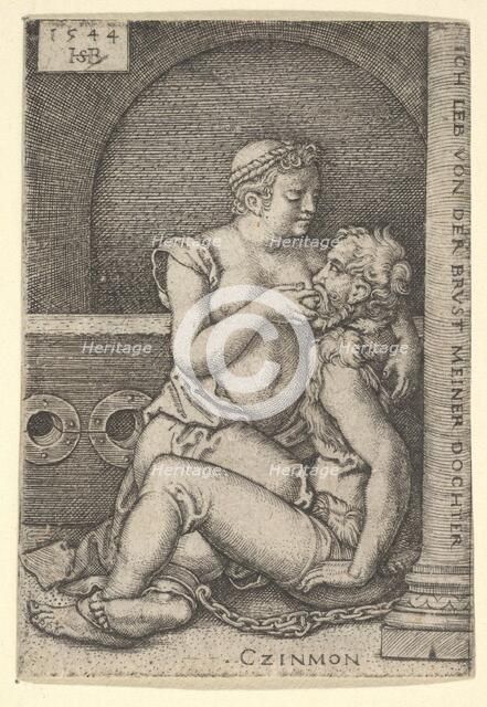 Cimon seated against a column at right, suckling from Pero who is kneeling next to him, 1544. Creator: Sebald Beham.