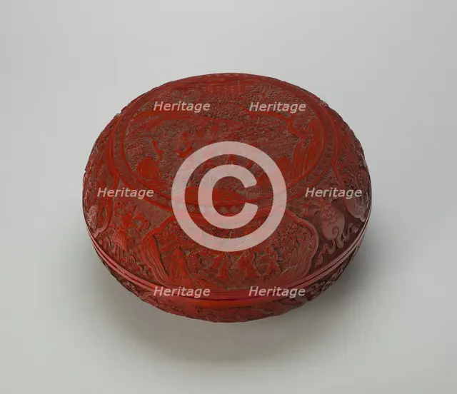 Cinnabar Lacquer 'Scholar in Landscape' Box and Cover, Qing dynasty, Qianlong reign (1736-1795). Creator: Unknown.