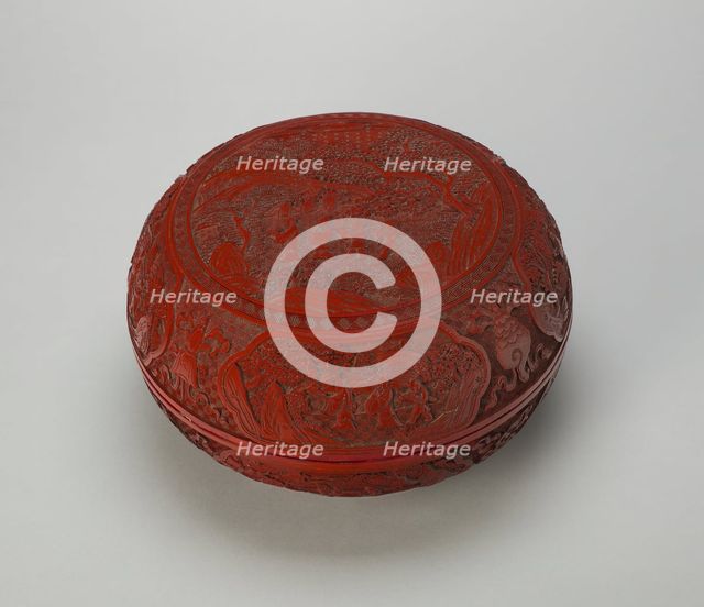 Cinnabar Lacquer 'Scholar in Landscape' Box and Cover, Qing dynasty, Qianlong reign (1736-1795). Creator: Unknown.