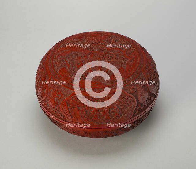 Cinnabar Lacquer 'Scholar in Landscape' Box and Cover, Qing dynasty, Qianlong reign (1736-1795). Creator: Unknown.